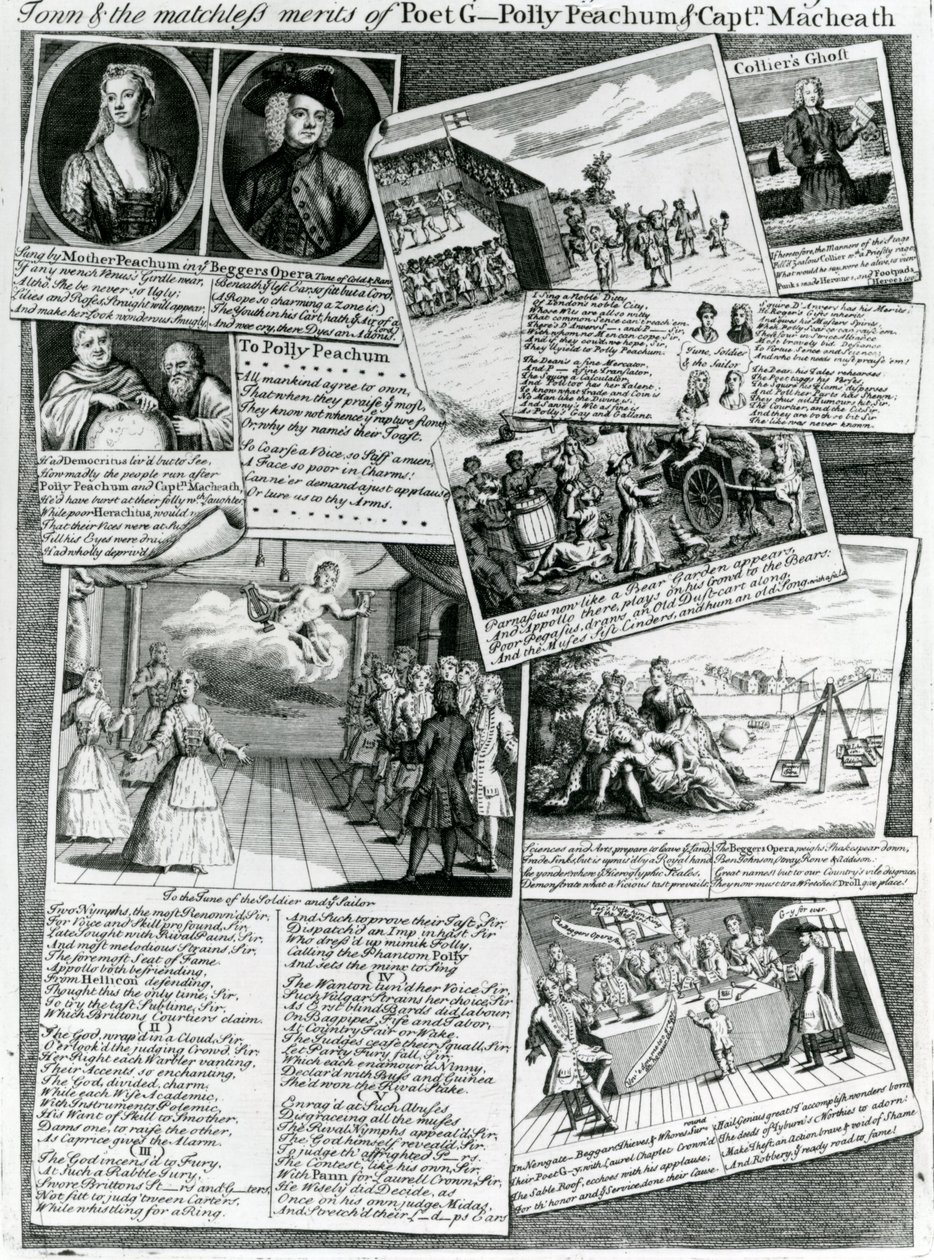 The Stage Medley, das den höflichen Geschmack der Stadt und die unvergleichlichen Verdienste des Dichters G., Polly Peachum und Captain Macheath darstellt, ca. 1728 von English School