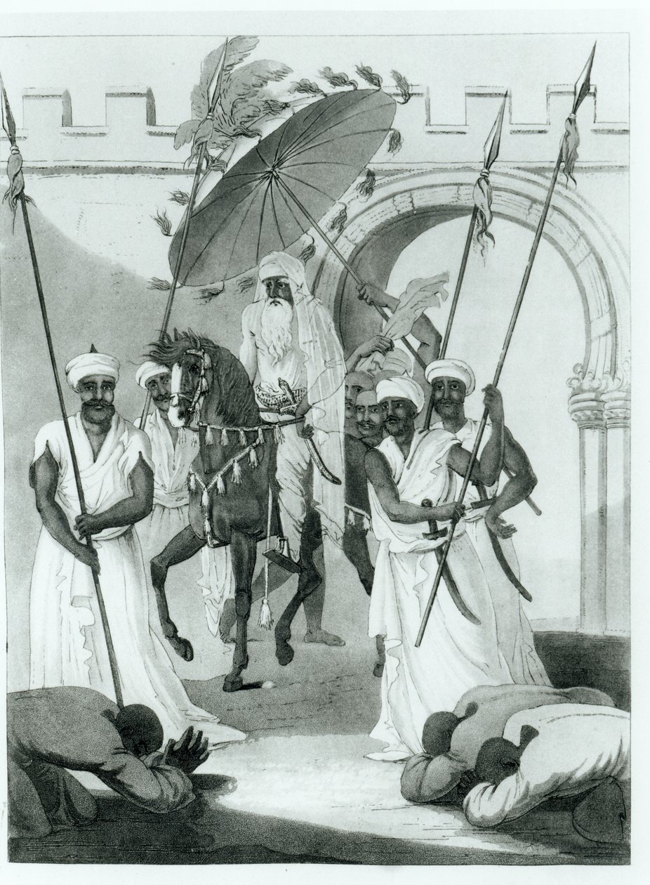 Der Sultan von Marokko kommt heraus, um Audienz zu geben, aus Travels through France and Spain to Morocco von Maurice Keatinge, veröffentlicht 1817 von English School