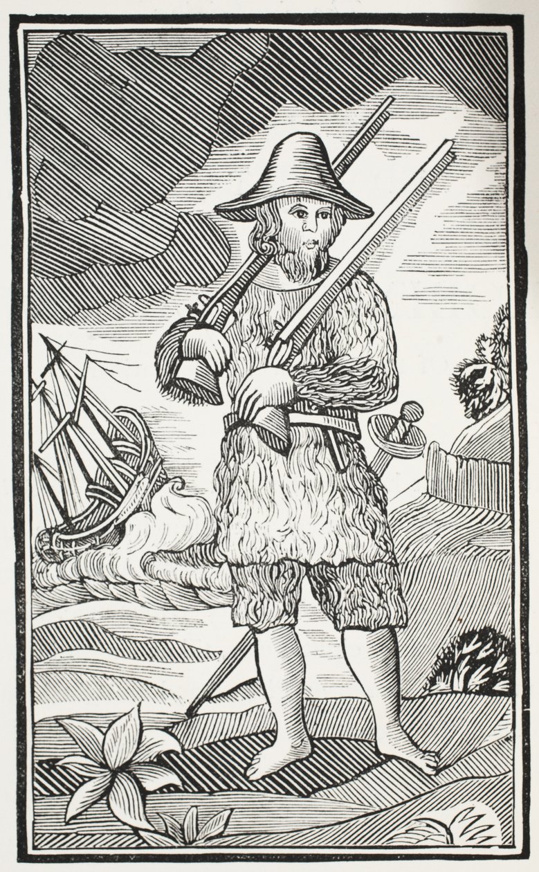 Das überraschende Leben und die seltsamsten Abenteuer von Robinson Crusoe aus der Stadt York, Seemann, Illustration aus Chap-books des achtzehnten Jahrhunderts von John Ashton, veröffentlicht 1882 von English School