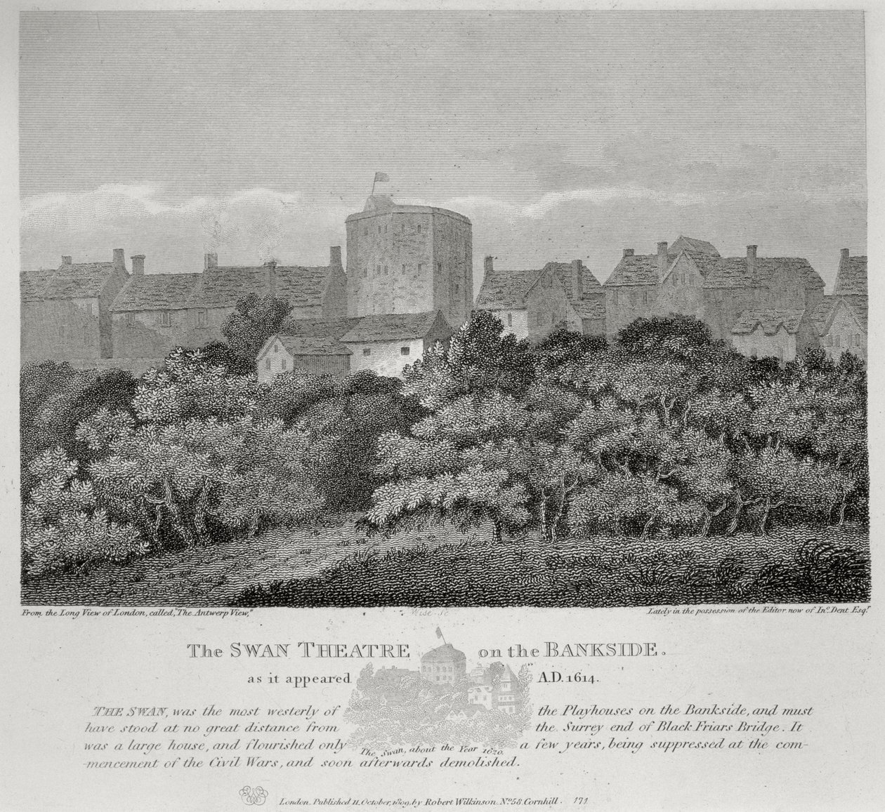 Das Schwanentheater am Bankside, wie es 1614 erschien, veröffentlicht 1809 von English School
