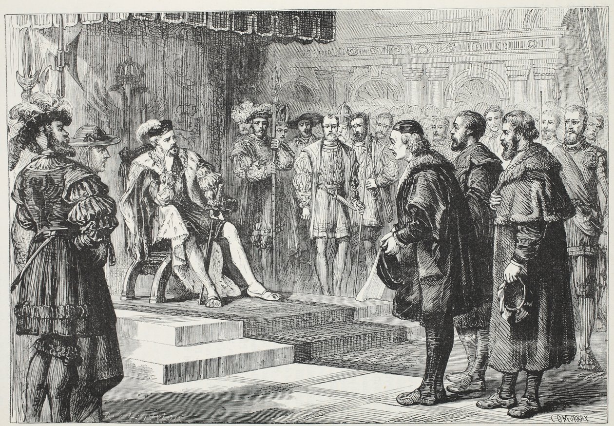 Die drei protestantischen Botschafter vor Kaiser Karl, Illustration aus Die Geschichte des Protestantismus von James Aitken Wylie, veröffentlicht 1878 von English School