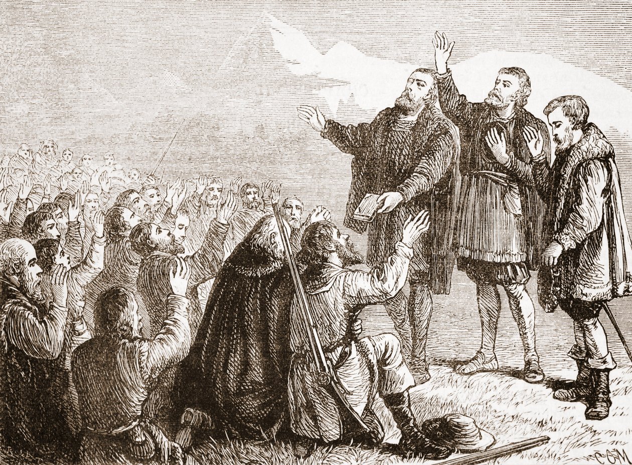 Die Waldenser leisten ihren Eid, Illustration aus Die Geschichte des Protestantismus von James Aitken Wylie, veröffentlicht 1878 von English School