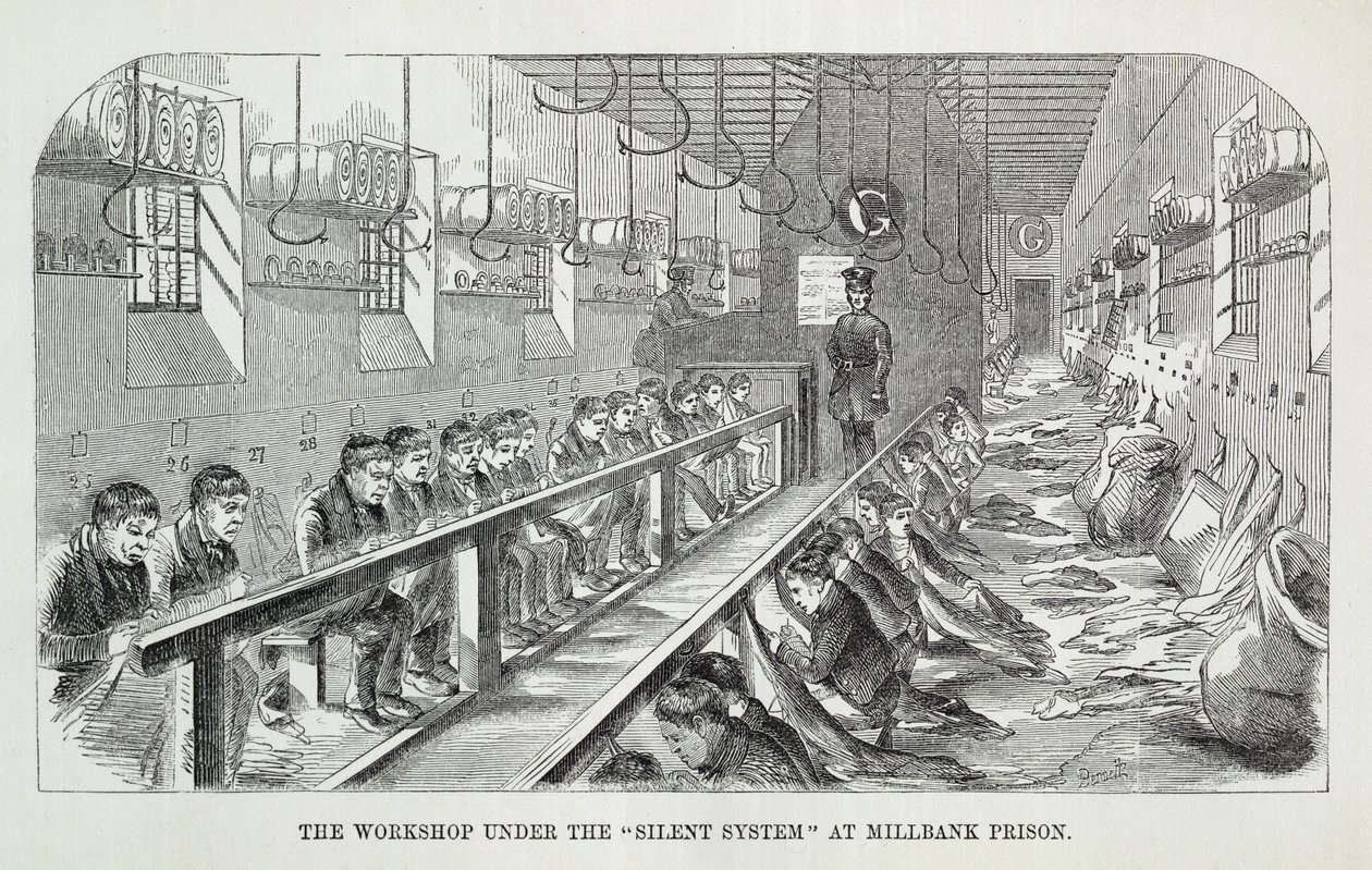 Die Werkstatt unter dem stillen System im Millbank-Gefängnis, aus The Criminal Prisons of London and Scenes of Prison Life von Henry Mayhew (1812-87) und John Binny, 1862 von English School