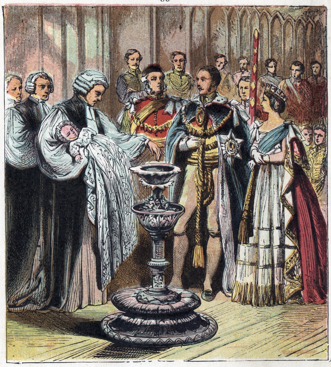 Die Taufe des Prinzen von Wales, der König Edward VII. (1841-1910) wurde, in Anwesenheit seiner Eltern, Königin Victoria I. (1819-1901) und Prinz Albert von Sachsen-Coburg-Gotha. von English School