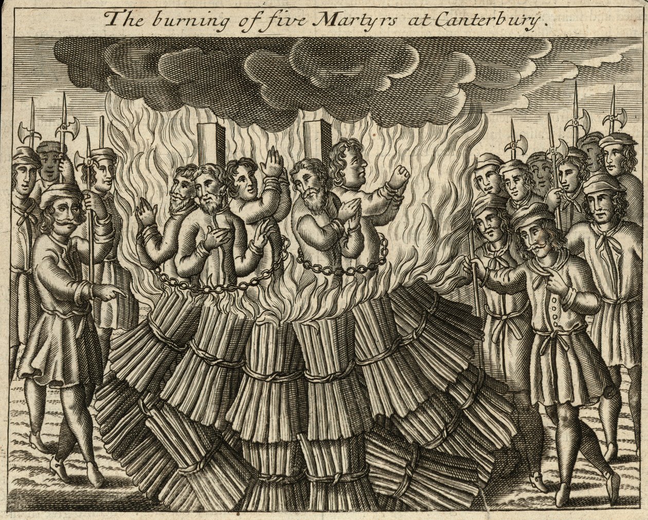 Die Verbrennung von fünf Märtyrern in Canterbury (Gravur) von English School