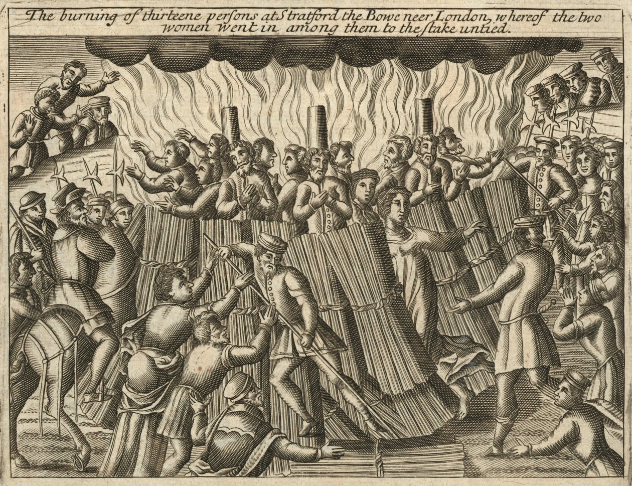 Das Verbrennen von dreizehn Personen in Stratford le Bow (Gravur) von English School