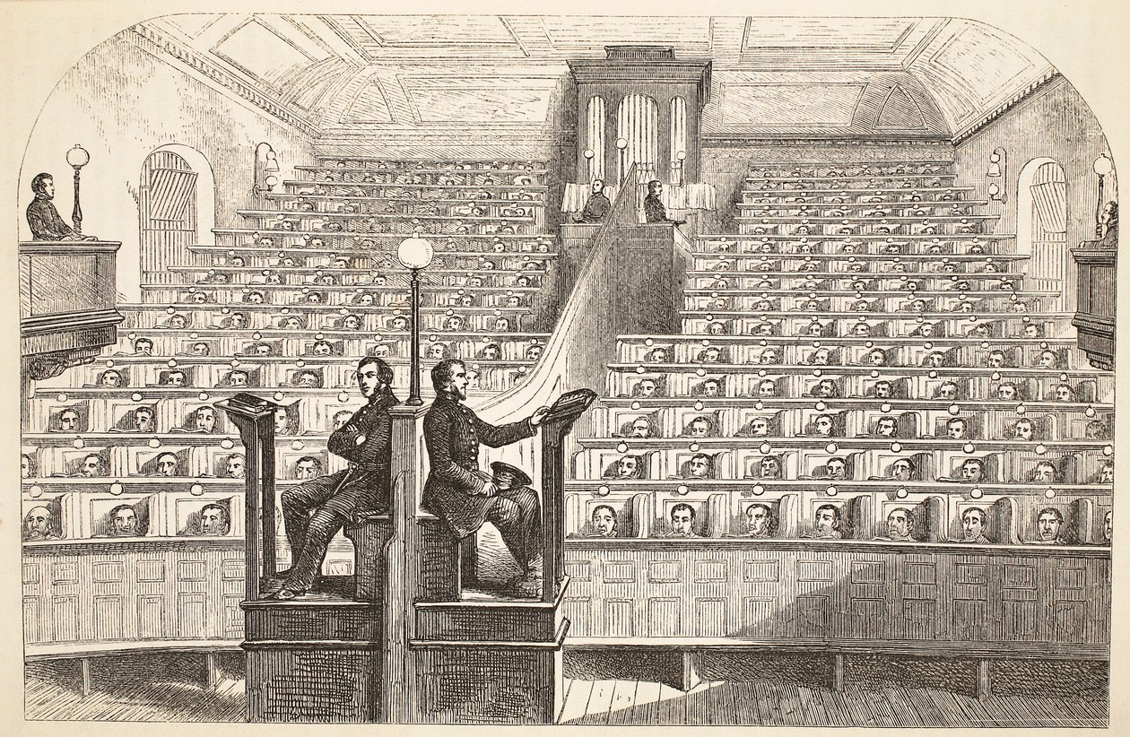Die Kapelle im separaten System im Pentonville-Gefängnis während des Gottesdienstes, Illustration aus The Criminal Prisons of London and Scenes from Prison Life von Henry Mayhew und John Binny, veröffentlicht 1862 von English School