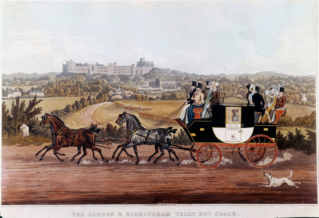 Die Kutsche (Diligence), die Birmingham mit London verbindet. Lithographie der englischen Schule. 19. Jahrhundert. Private Sammlung von English School