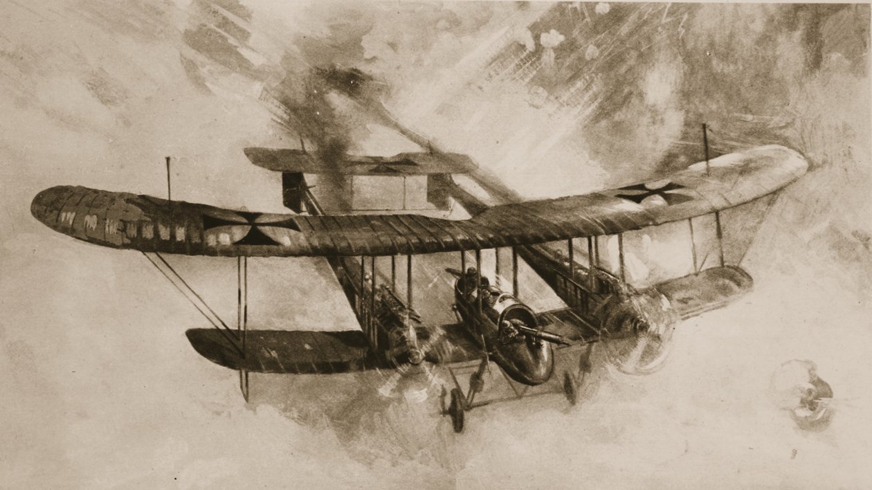 Das Kommen des großen Kampfflugzeugs: das doppelt so große deutsche Doppeldeckerflugzeug, das britische Flieger bekämpft haben, aus The Illustrated War News von English School