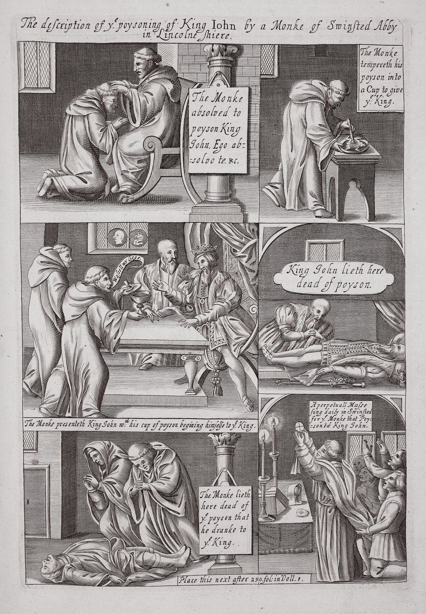 Die Beschreibung der Vergiftung von König Johann durch einen Mönch der Abtei Swinstead in Lincolnshire, Illustration aus Acts and Monuments von John Foxe, neunte Ausgabe, veröffentlicht 1684 von English School