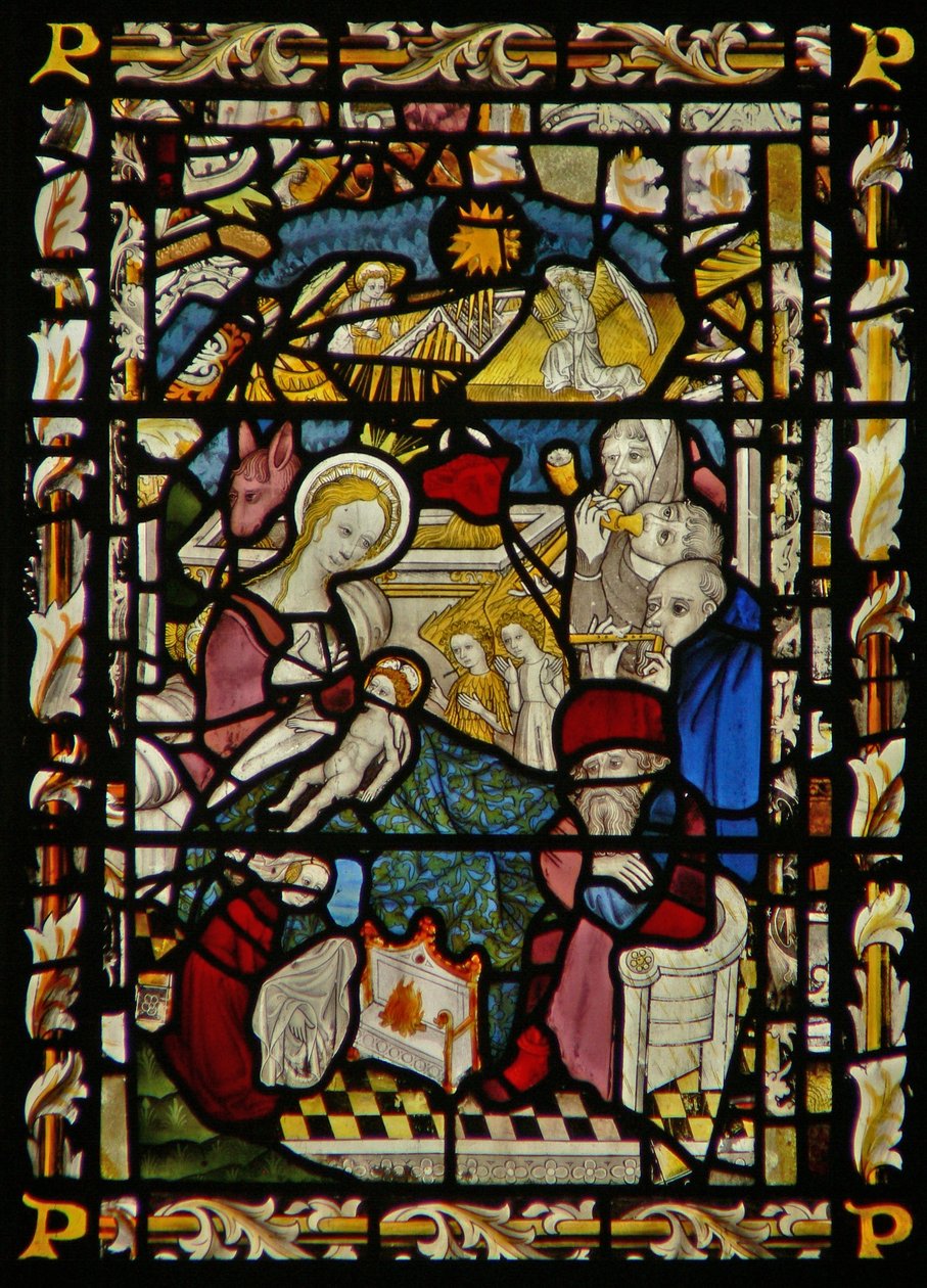 Das Ostfenster, das die Anbetung der Hirten darstellt von English School