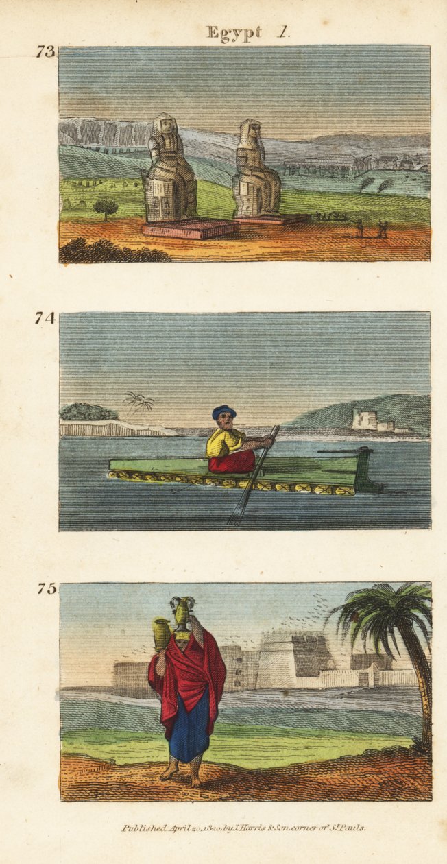 Die großen Ruinen der Kolosse von Memnon in Luxor im Süden Ägyptens, Floß aus irdenen Krügen auf dem Nil und Frauen tragen Wasserkrüge auf ihren Köpfen von English School