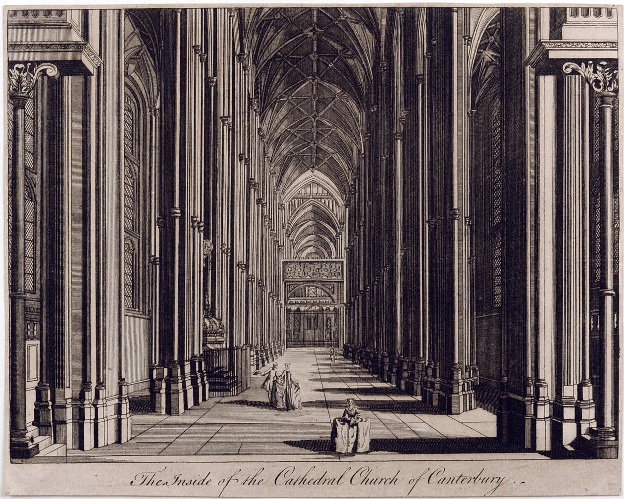 Das Innere der Kathedrale von Canterbury, Blick auf das Kirchenschiff vom Westende, ca. 1700-43 von English School