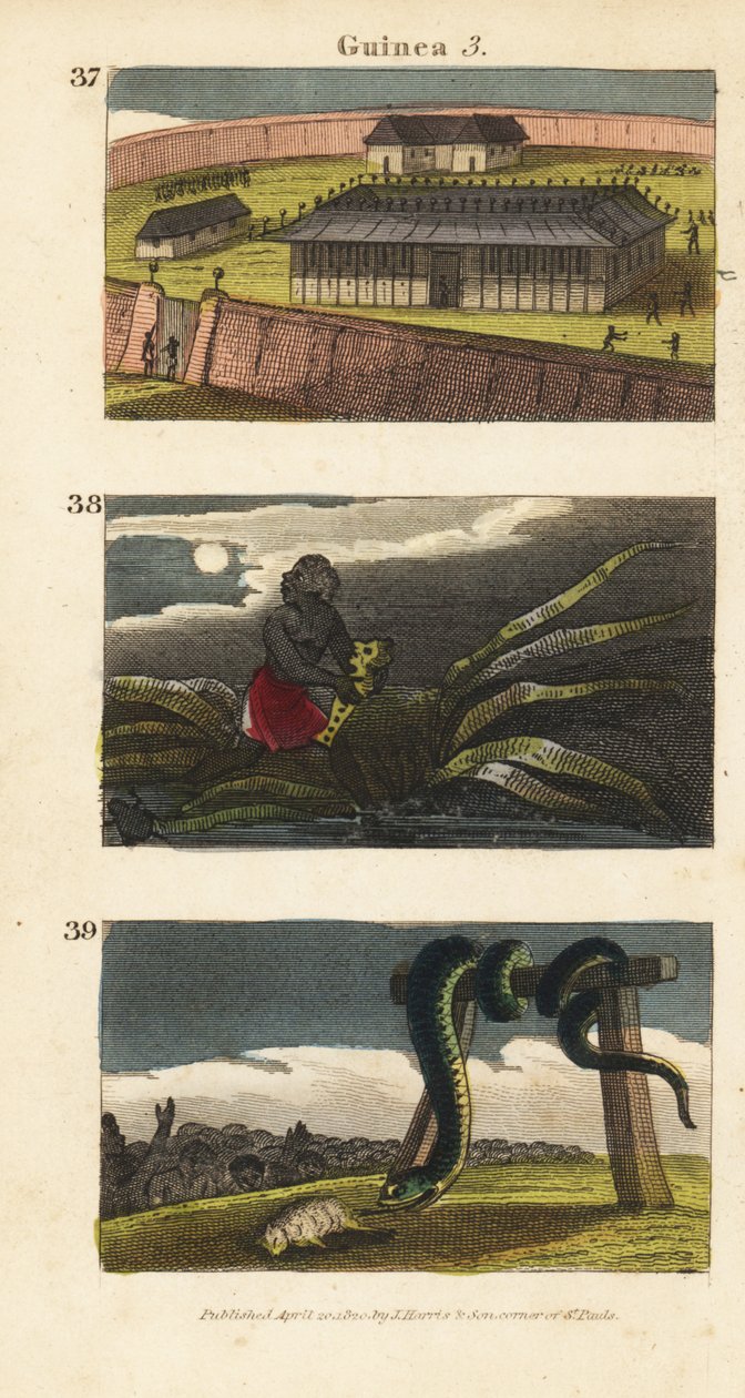 Der Palast des Königs von Dahomey in Abomey, ein afrikanischer Mann versteckt einen Fetisch und Menschen von Whydah verehren eine riesige Schlange von English School