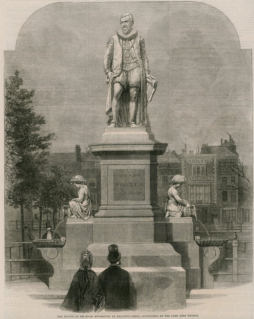 Die Statue von Sir Hugh Myddleton am Islington Green (Gravur) von English School