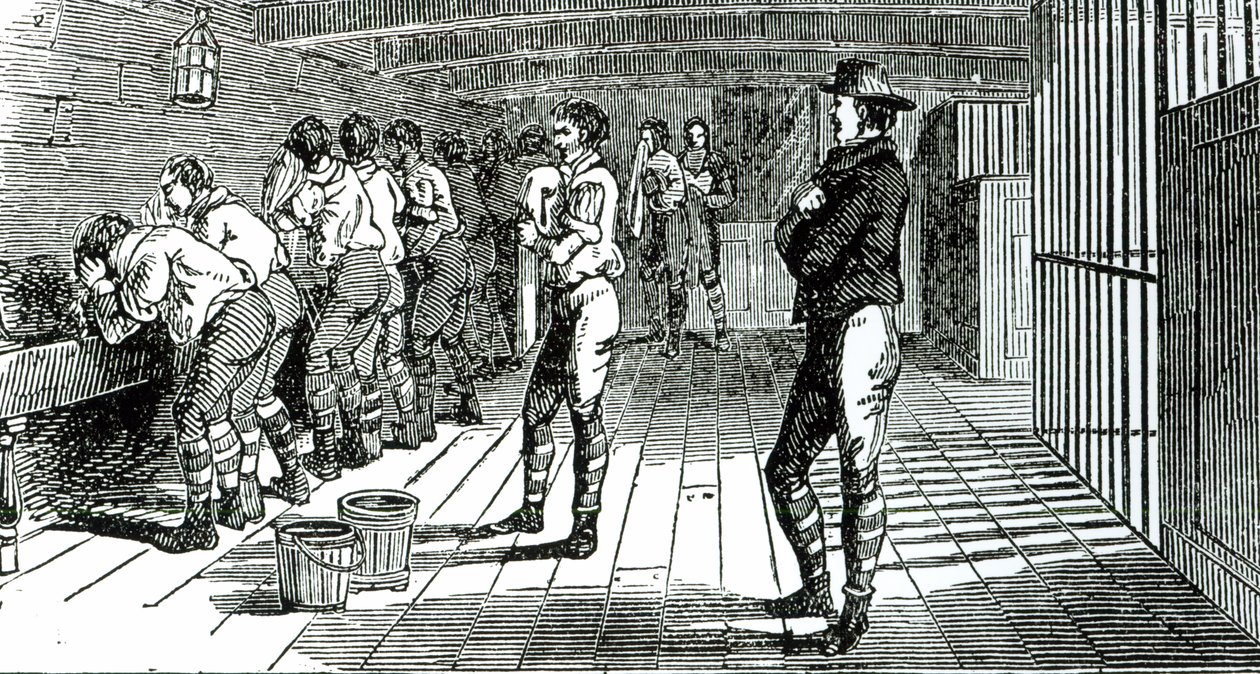 Der Waschraum unter Deck - verurteilte Gewerkschafter werden nach Australien transportiert, illustriert in Die Märtyrer von Tolpuddle, veröffentlicht vom Gewerkschaftskongress, 1834 von English School