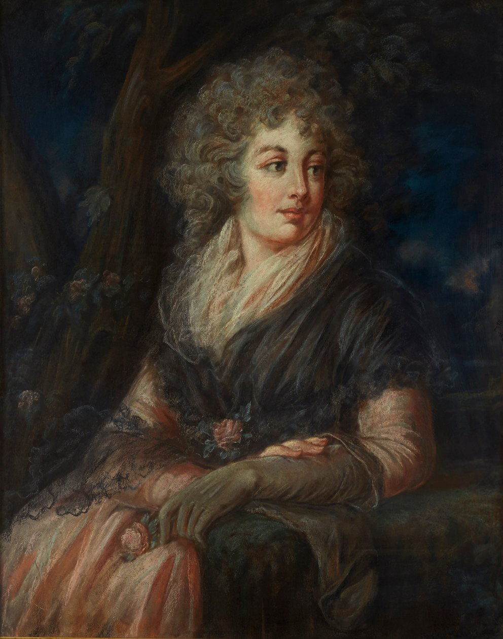 Dreiviertelporträt einer Dame im Kleid des 18. Jahrhunderts von English School
