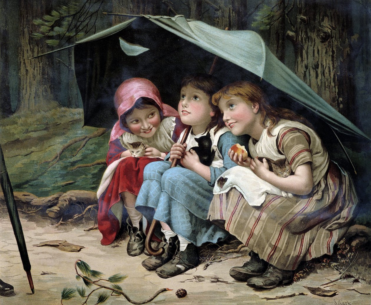 Drei kleine Kätzchen (Mädchen und Kätzchen unter einem Regenschirm) - Englische Chromolithografie von English School