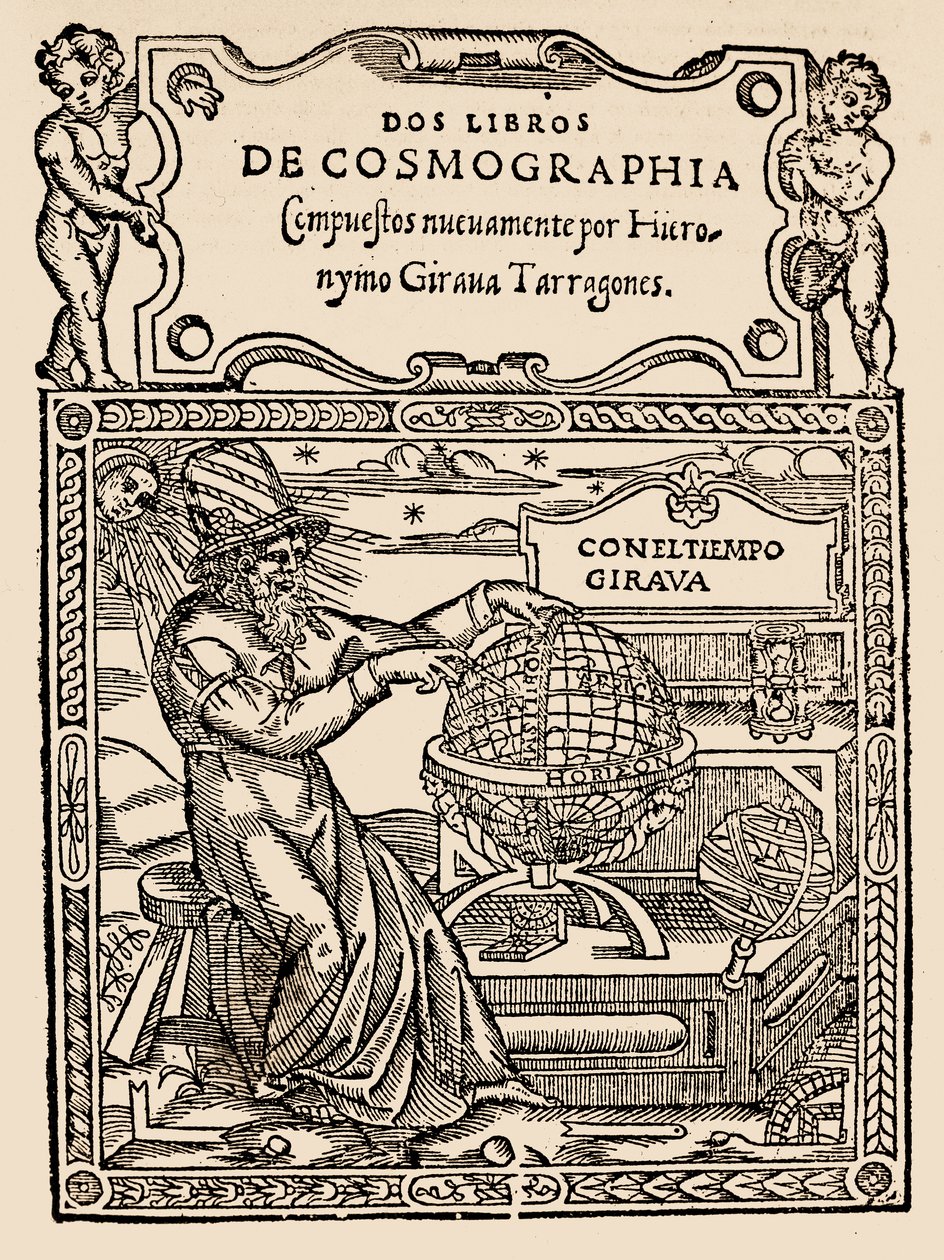 Titelseite für Zwei Bücher der Kosmographie von Hieronymo Girana Tarragones, aus The Narrative and Critical History of America, herausgegeben von Justin Winsor, London, 1886 (Holzschnitt) von English School