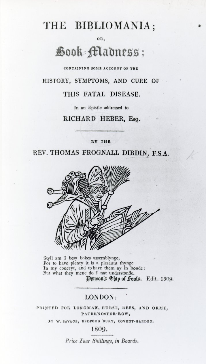 Titelseite zu The Bibliomania von Rev. Thomas Frognall Dibdin, veröffentlicht 1809 von English School