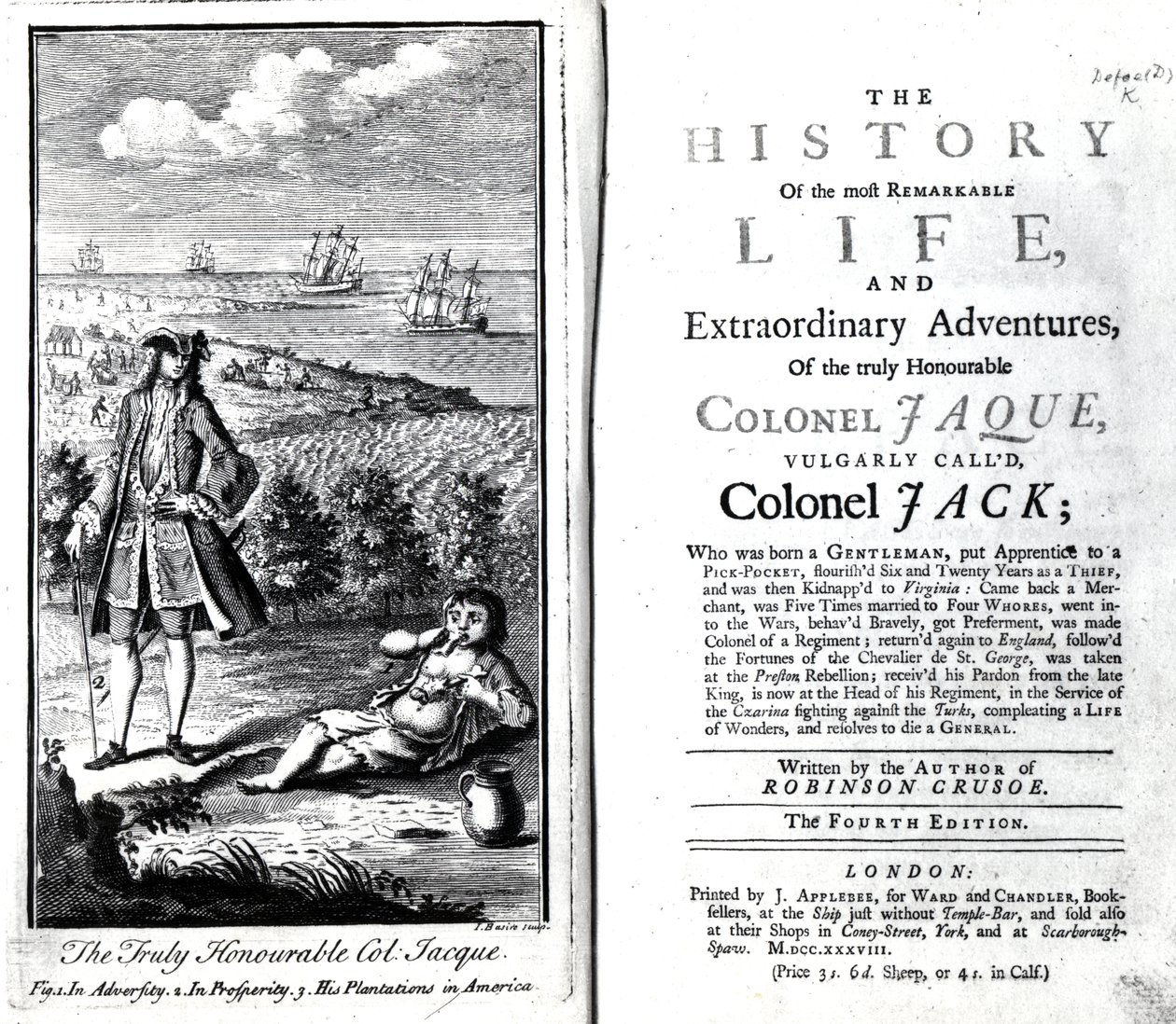 Titelseite und Frontispiz für The History of the most Remarkable Life and Extraordinary Adventures of the truly Honourable Colonel Jaque von Daniel Defoe, 1738 von English School