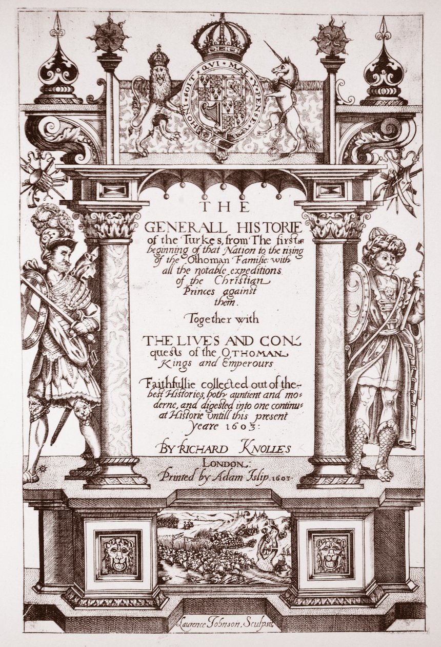 Titelseite, Knolles Generall Historie of the Turks, veröffentlicht von Adam Islip, 1603 von English School