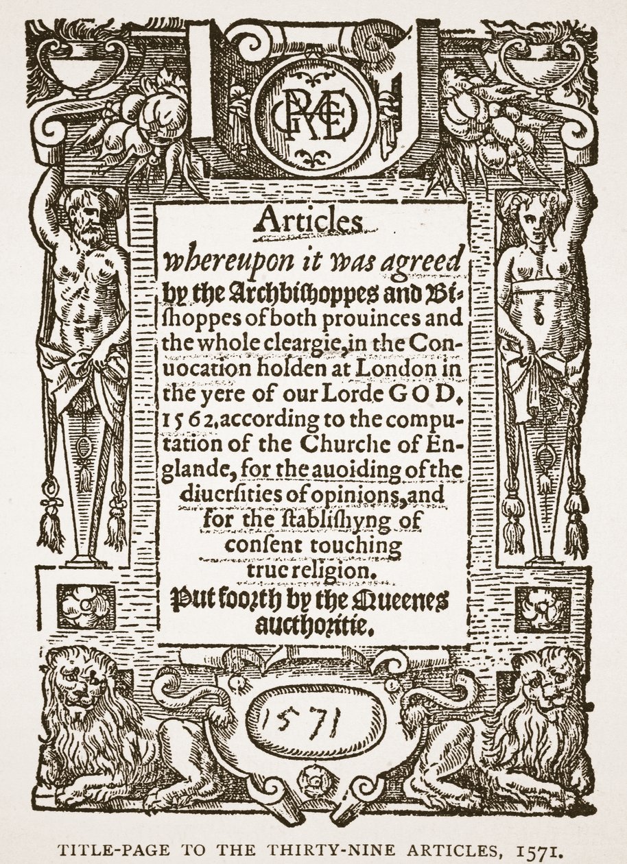 Titelseite zu den Neununddreißig Artikeln, 1571, Illustration aus Die Kirche von England: Eine Geschichte für das Volk von H.D.M. Spence-Jones, veröffentlicht um 1910 von English School