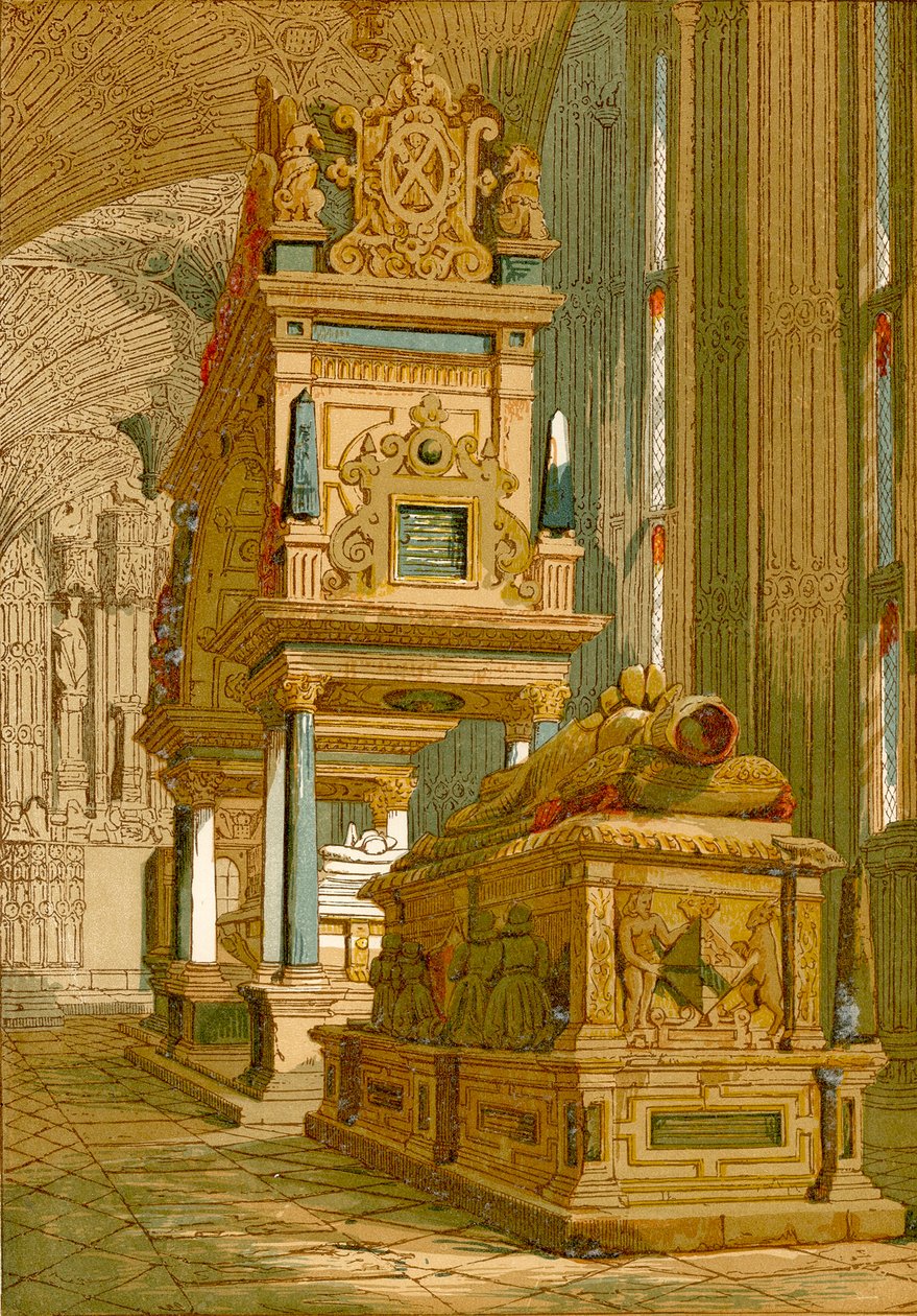 Grab von Maria Stuart, Westminster Abbey (farbige Gravur) von English School