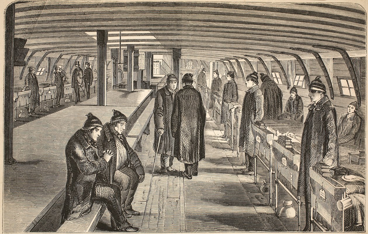 Oberdeck des Unite-Krankenhausschiffs, das den Hulks in Woolwich angegliedert ist, Illustration aus The Criminal Prisons of London and Scenes from Prison Life von Henry Mayhew und John Binny, veröffentlicht 1862 von English School