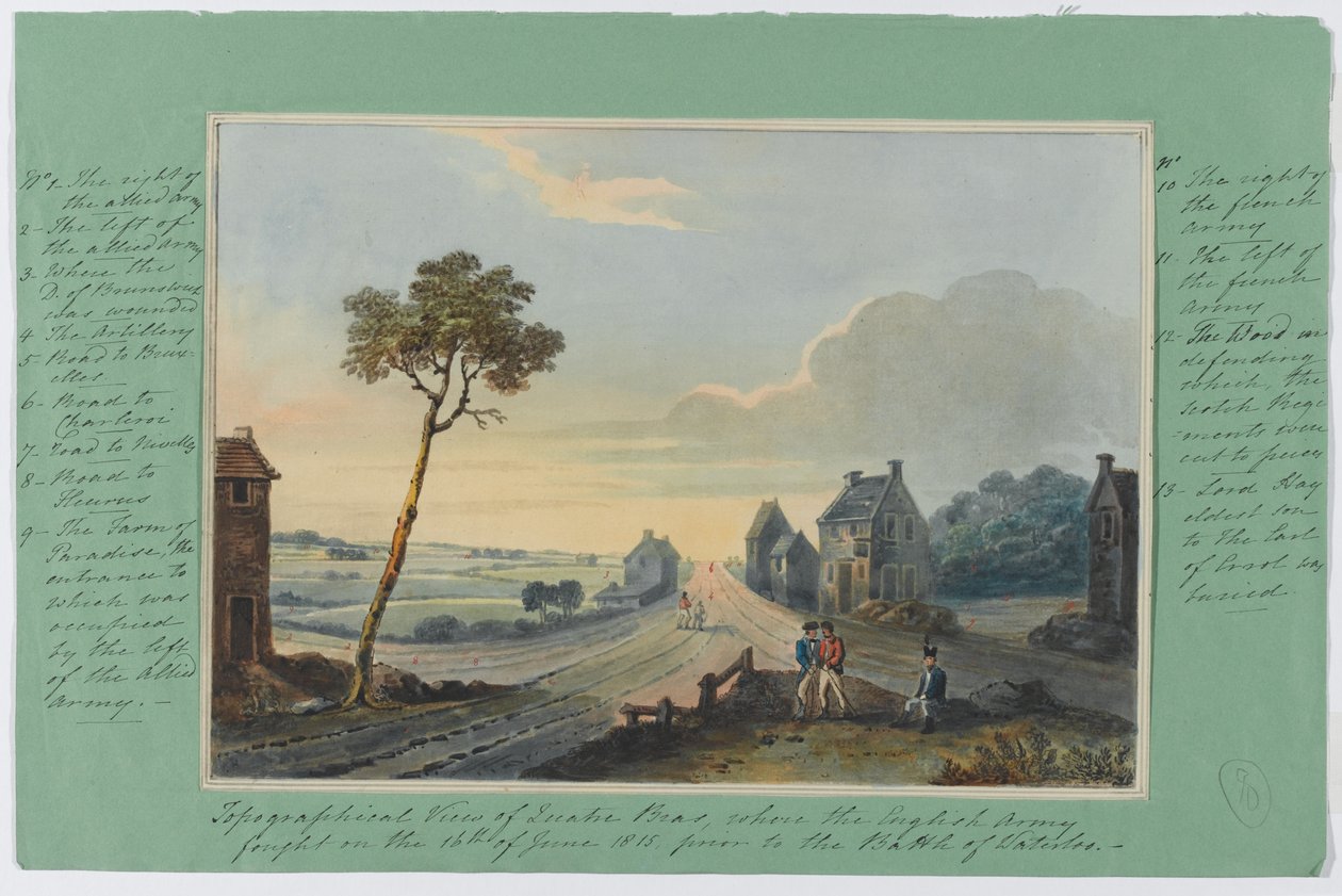 Topographische Ansicht von Quatre Bras, wo die englische Armee am 16. Juni 1815 vor der Schlacht von Waterloo kämpfte, ca. 1815 von English School
