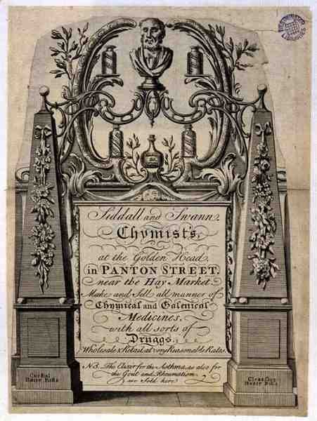 Handelskarte für Siddall und Swann, Chemiker, am Goldenen Kopf, Panton Street, London von English School