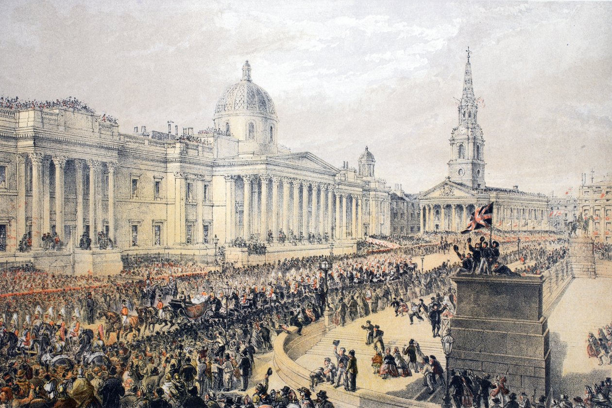 Trafalgar Square, aus Ein Gedenkbuch zur Hochzeit von Edward VII. und Alexandra von Dänemark, veröffentlicht 1864 von English School