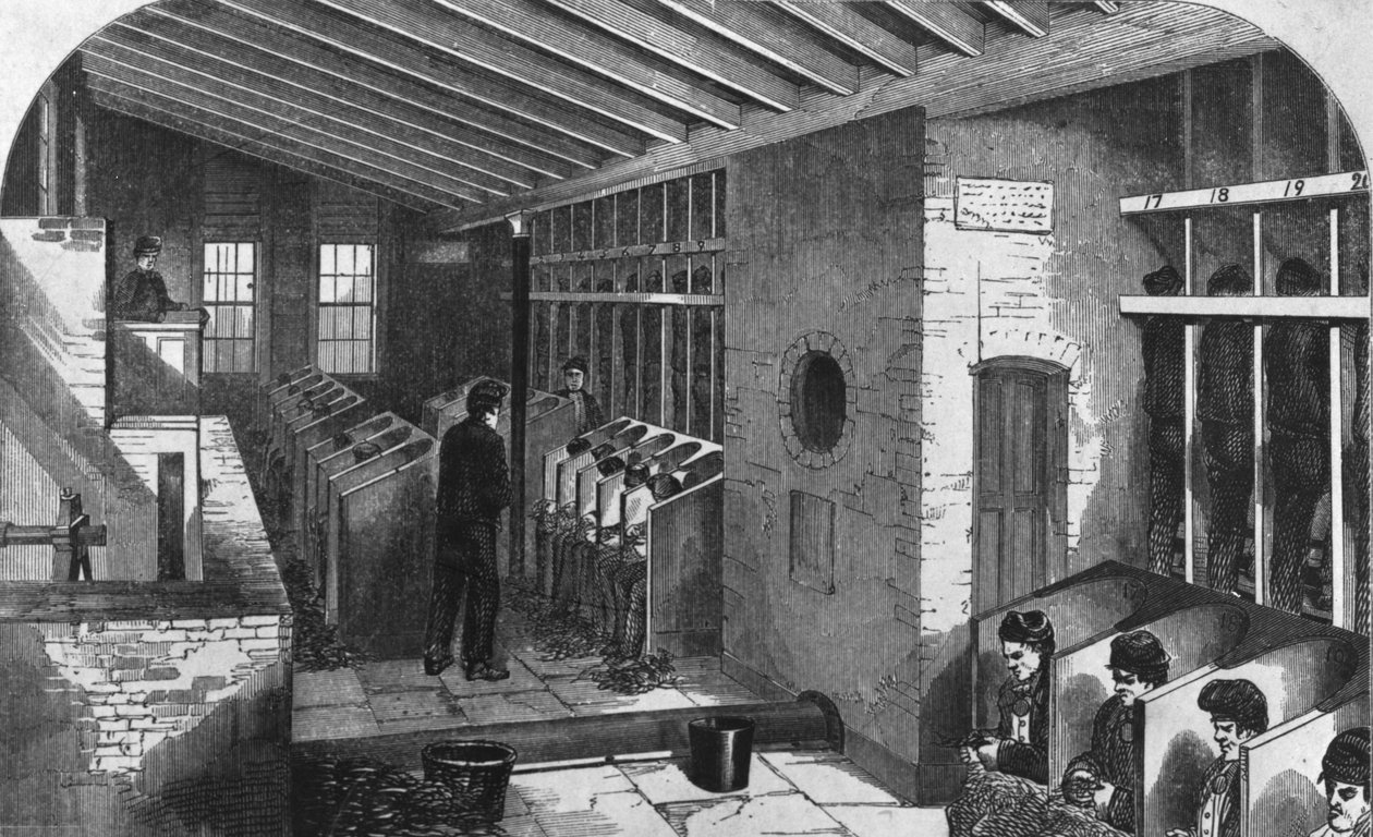 Tretmühle und Eichenholzschuppen im Stadtgefängnis von Holloway, aus 