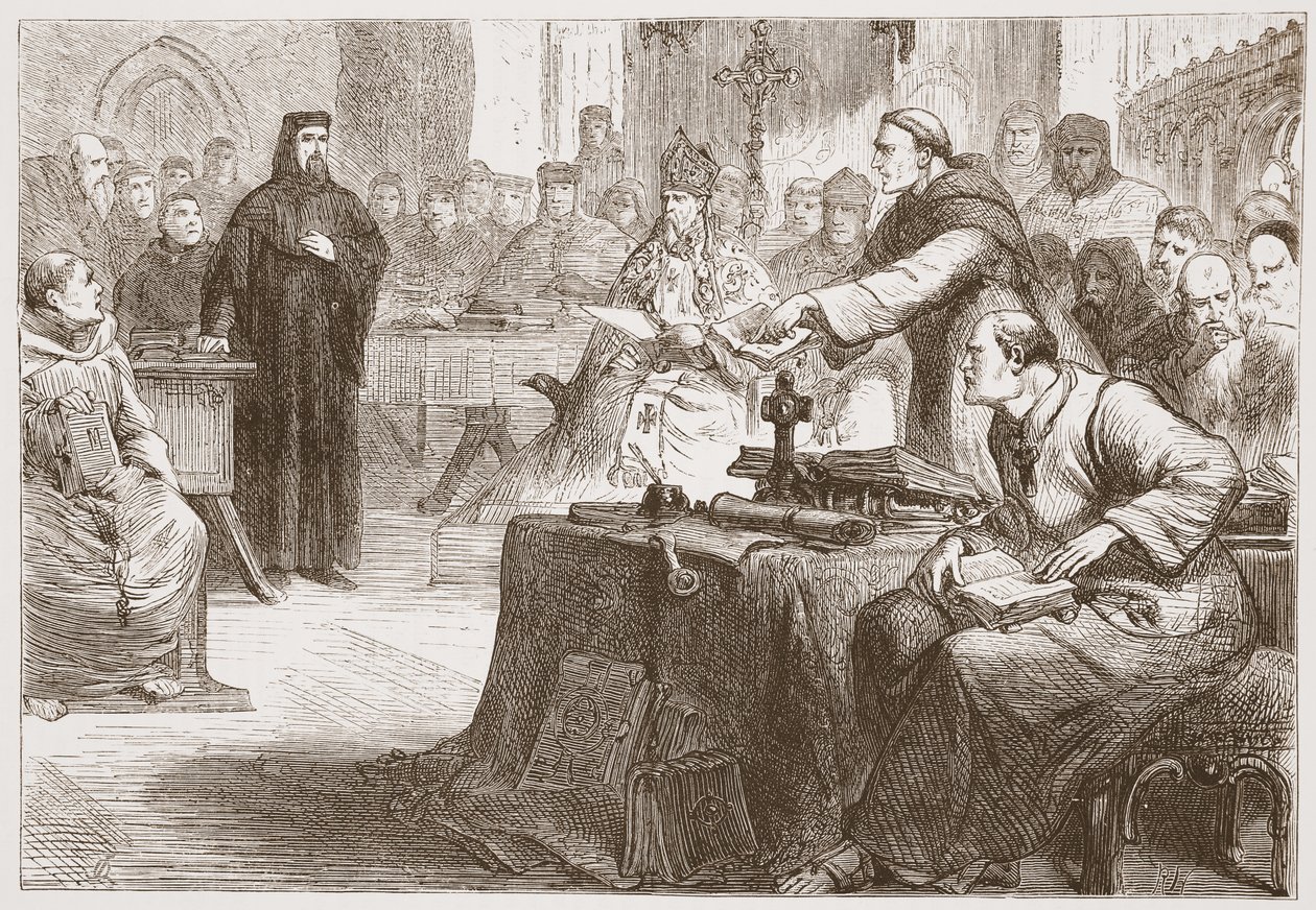 Prozess gegen Wicliffe, Illustration aus Die Geschichte des Protestantismus von James Aitken Wylie, veröffentlicht 1878 von English School