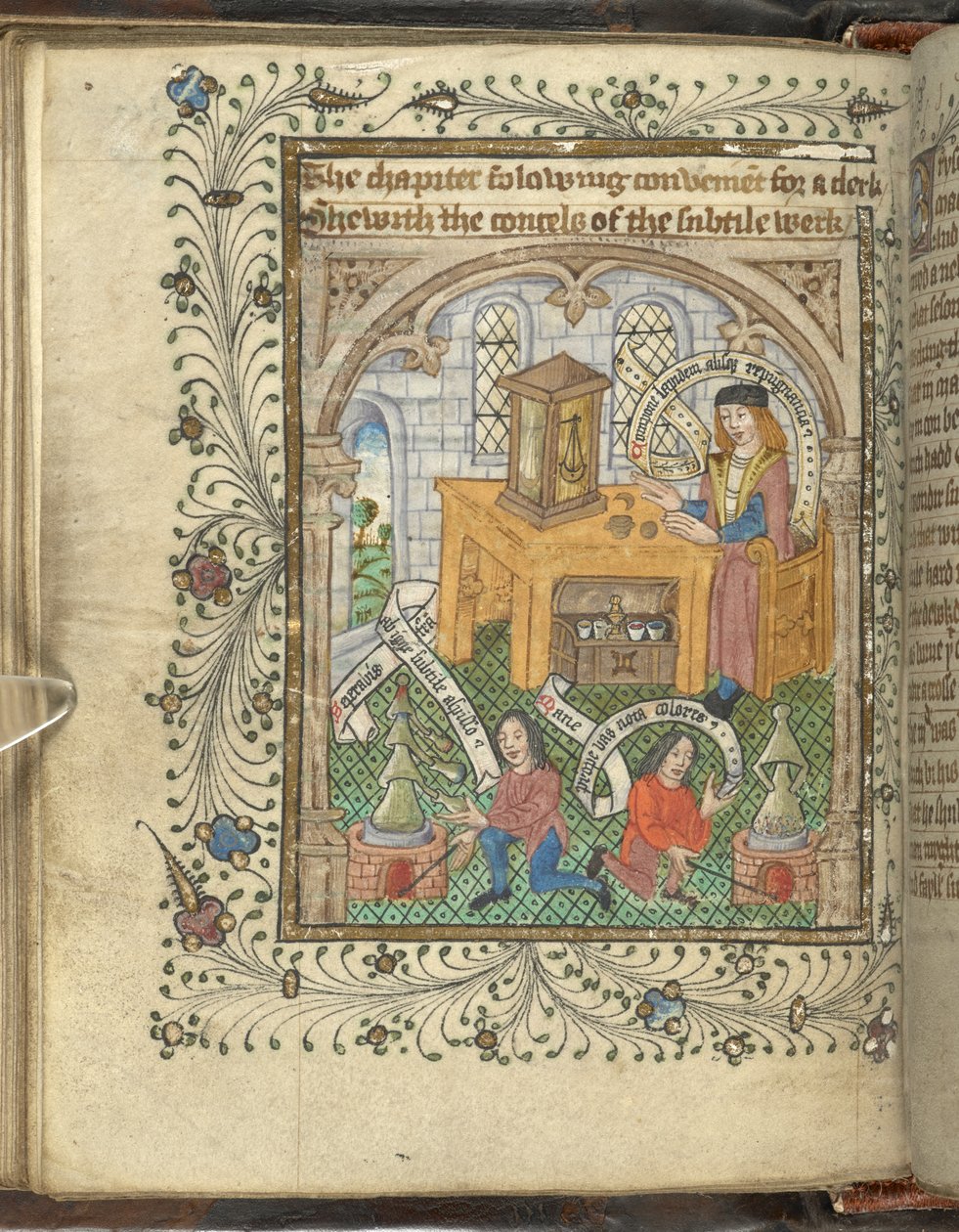 Zwei Männer, die Öfen betreuen, und ein gelehrter Mann, vielleicht Norton, mit Alchemie-Geräten, aus 