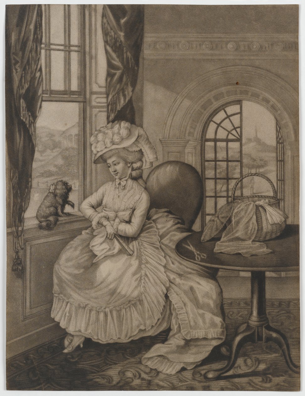 Ohne Titel (Frau sitzt am Fenster und betrachtet einen kleinen Hund), ca. 1780 von English School