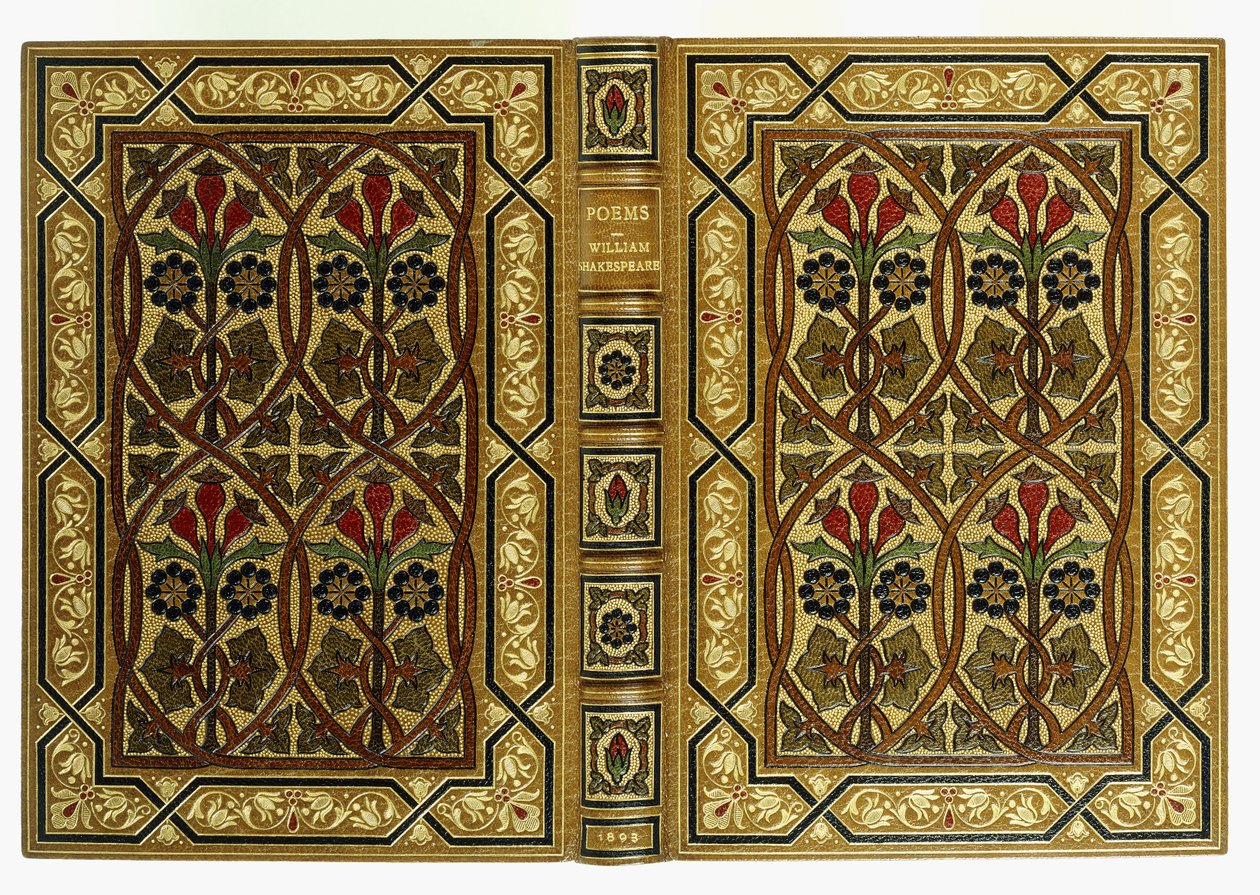 Obere und untere Einbände mit Blumen in Jugendstil-verschlungenen geometrischen Mustern, 1893 von English School