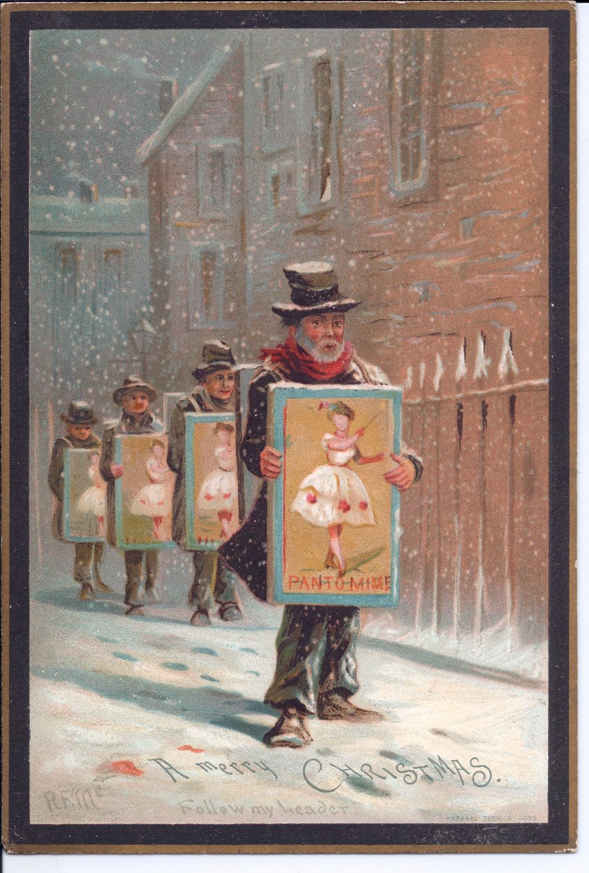 Viktorianische Weihnachtskarte mit vier Männern, die im Schnee gehen und Tafeln tragen, die ein Pantomime bewerben, ca. 1880 von English School