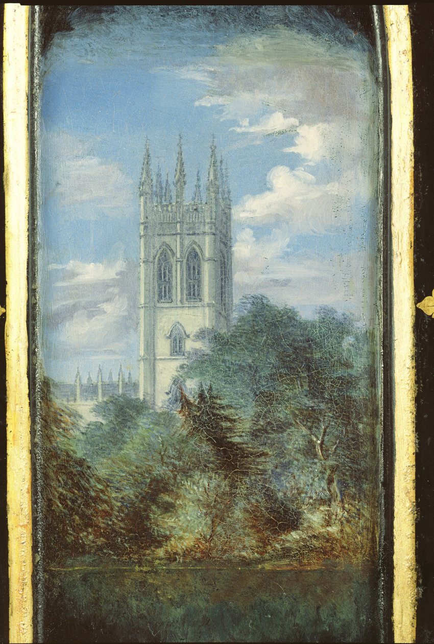 Viktorianisches Nähschrankpanel dekoriert mit einer Szene des Magdalen College, Oxford von English School
