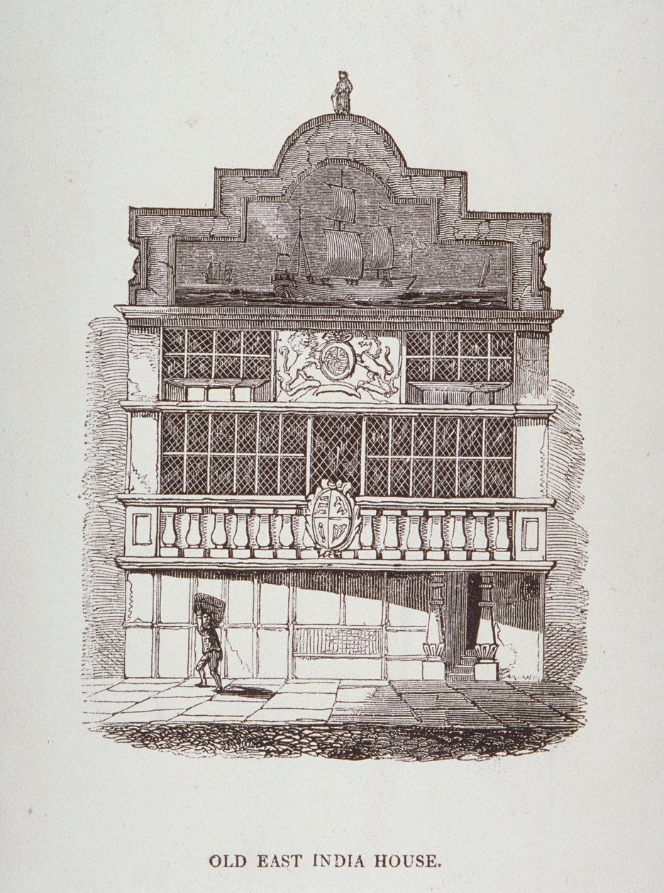 Ansicht des East India House, mit Figur im Vordergrund, ca. 1700 von English School