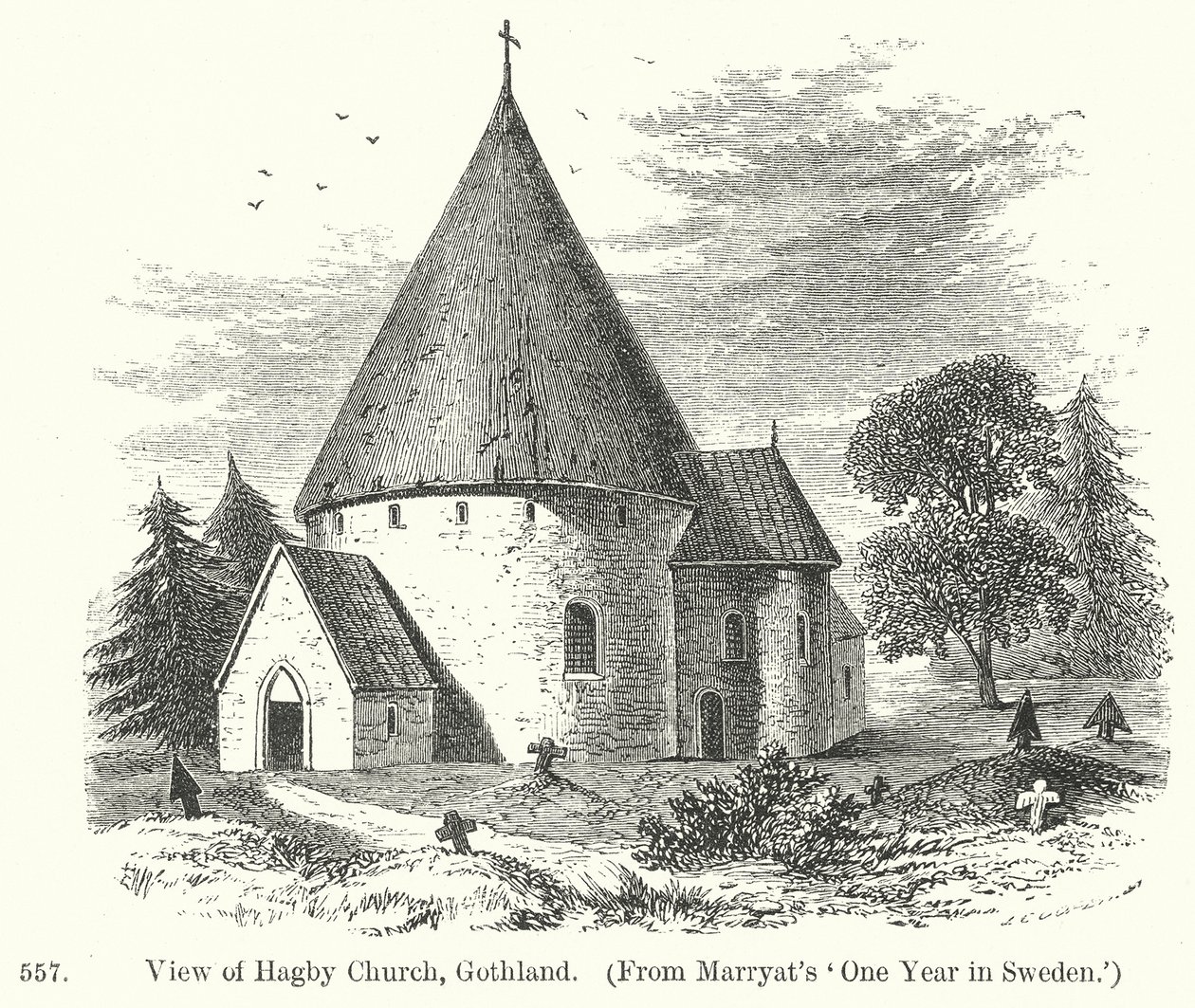 Ansicht der Hagby Kirche, Gotland (Gravur) von English School