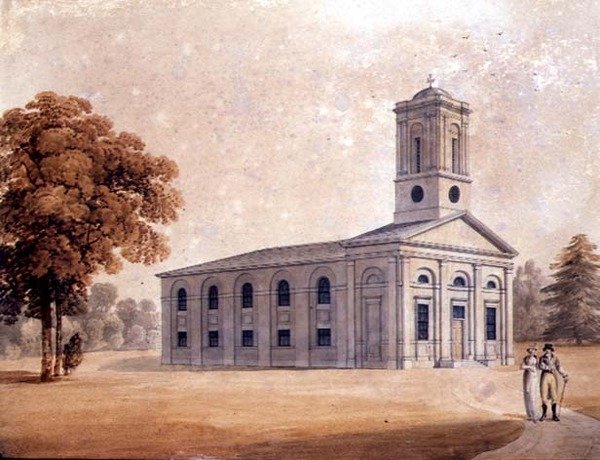 Ansicht einer neoklassizistischen Kirche in einem Park, ca. 1790 von English School