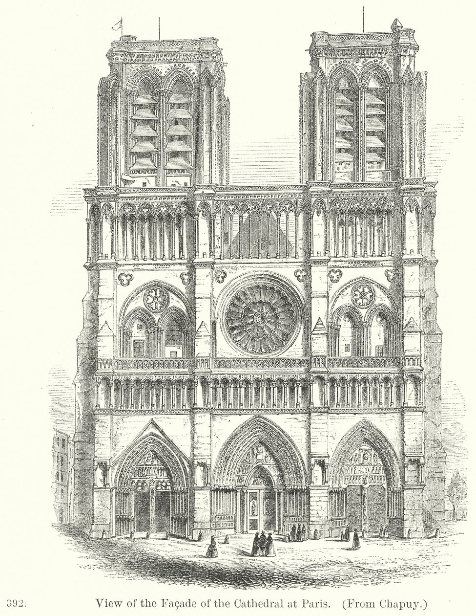 Ansicht der Fassade der Kathedrale in Paris (Gravur) von English School