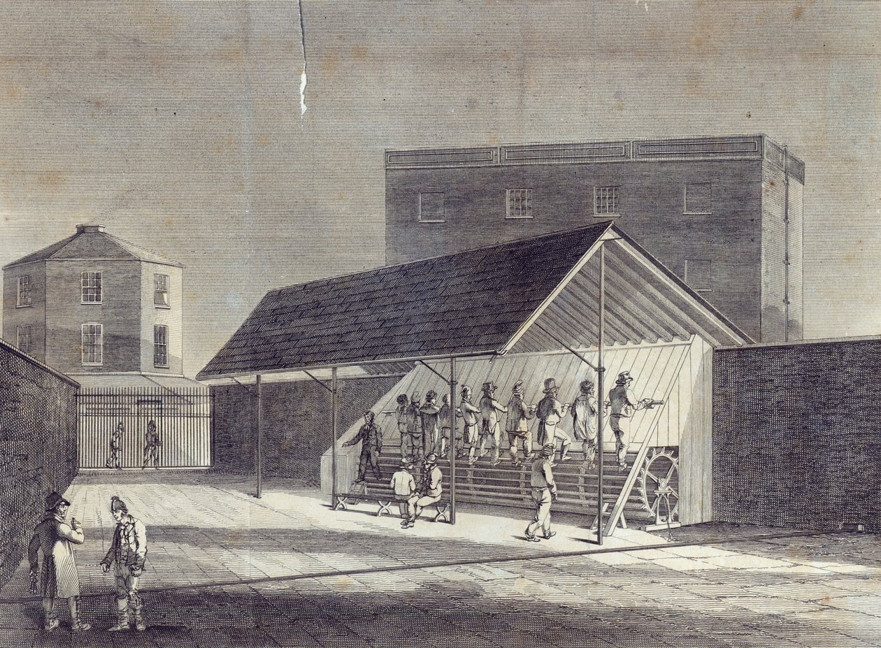 Ansicht der Tretmühle zur Beschäftigung von Gefangenen, errichtet im Zuchthaus in Brixton, veröffentlicht von Gent. Mag., Juli 1822 von English School