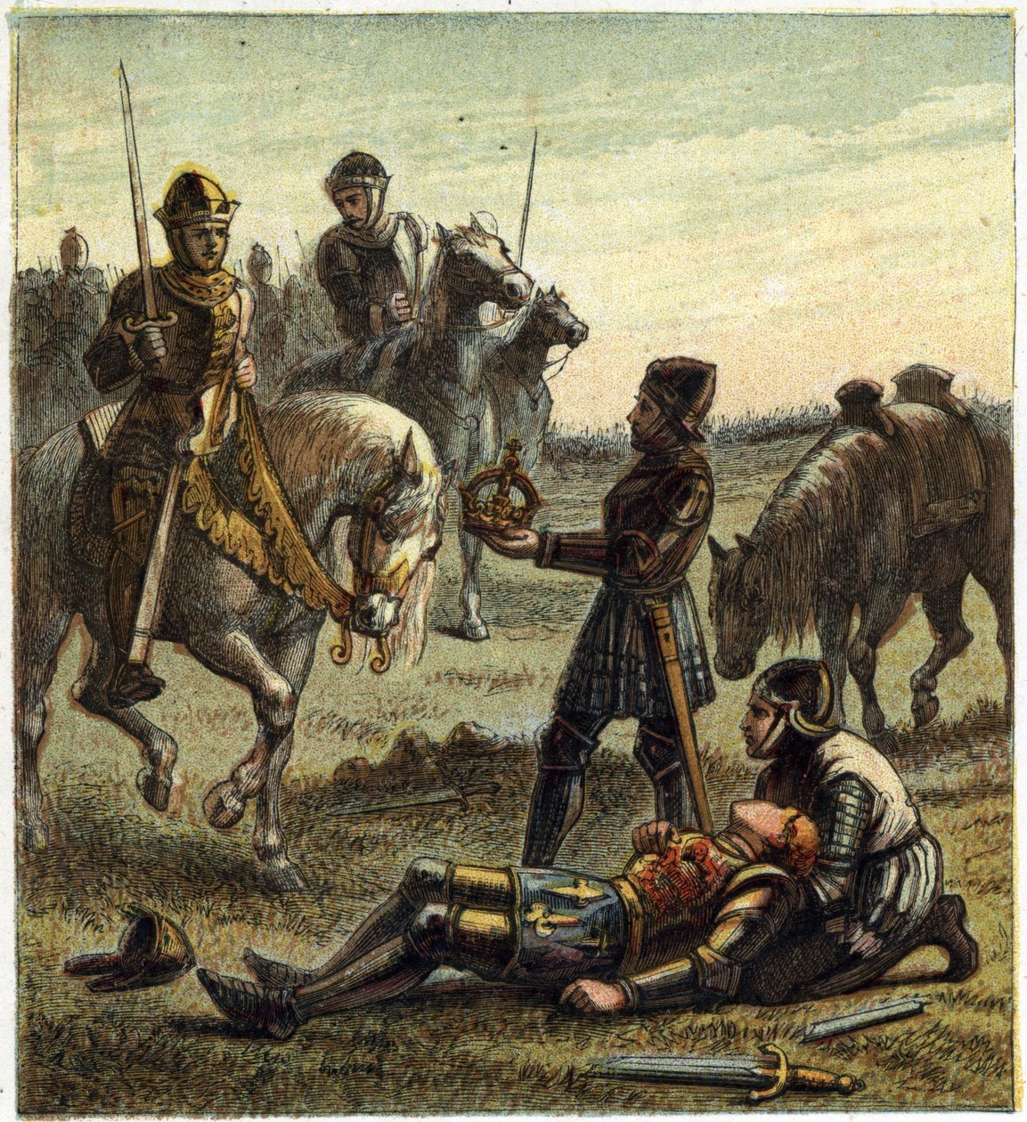Rosenkriege: Tod von König Richard III. (1452-1485) während der Schlacht von Bosworth Field am 22.08.1485 zwischen Richard III. und Henri, Herzog von Richmond. Letzterer erhielt die Krone des gestürzten Königs und wurde als Heinrich VII. bekannt. von English School