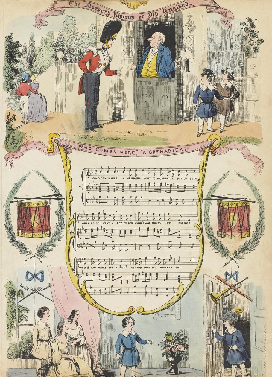 Wer kommt hier; Ein Grenadier, ca. 1850 (farbige Aquatinta) von English School