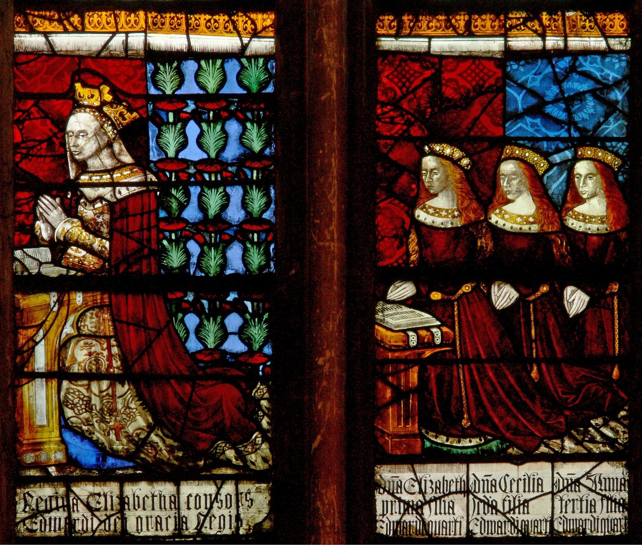 Fenster N-28, Königin Elizabeth Woodville mit Töchtern Anne, Katharina und Bridget von English School