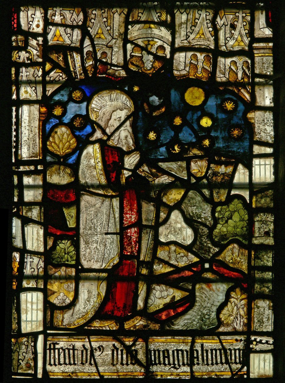 Fenster S2 mit der Schöpfung; Sonne, Mond, Sterne, Erde von English School