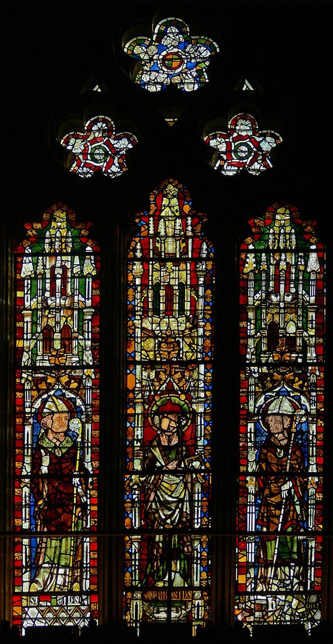 Fenster S3 mit St. Brictius, St. Ambrosius und St. Wulfstan(?) von English School