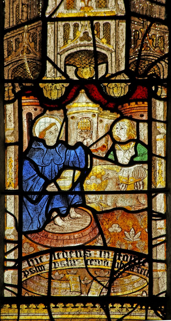 Fenster Nr. 5 zeigt St. Neot studiert den Psalter - Füße im Wasser von English School